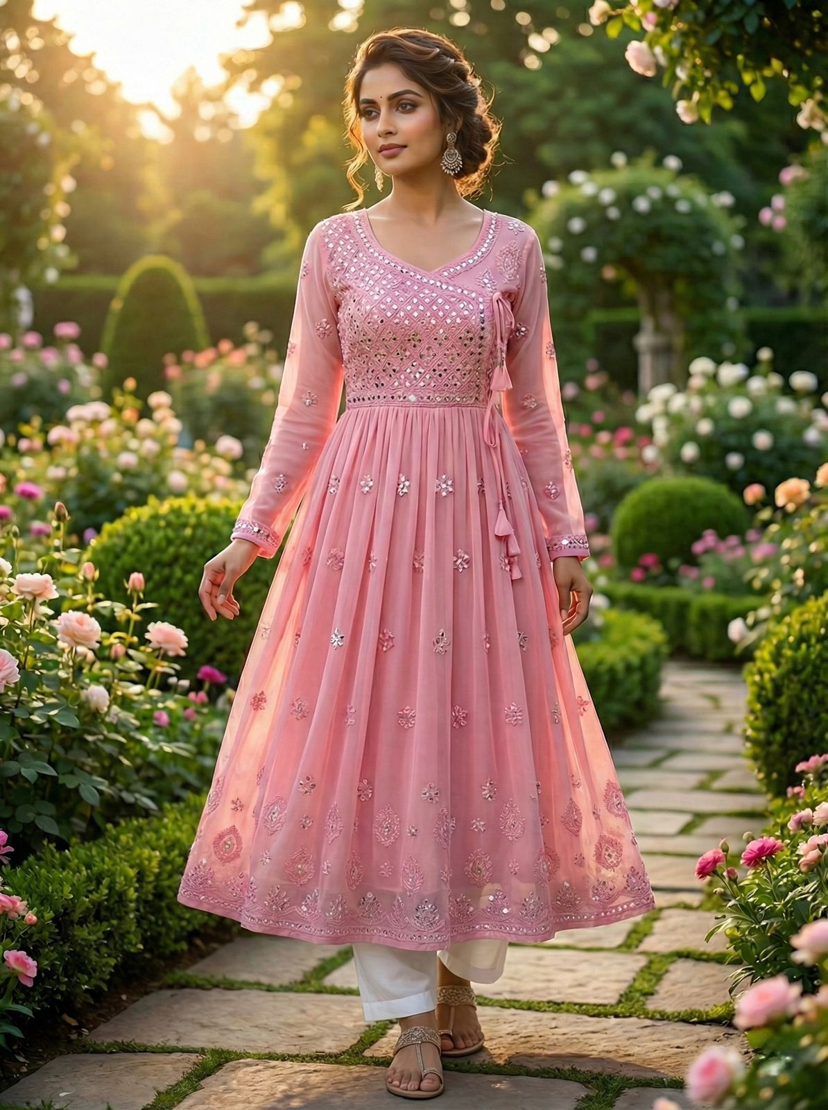 AAI Planet Beautiful Georgette chikankari  with Mirror work